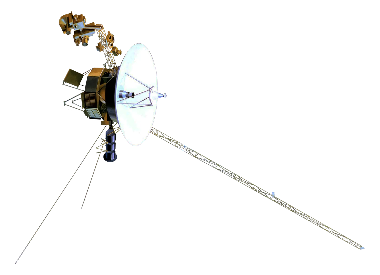 Artist’s rendering of a Voyager spacecraft with its large white dish antenna and long boom.