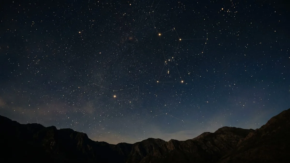 A dark mountain horizon under a dense starfield, with faint joining lines drawn between the brighter stars to pick out constellation patterns.