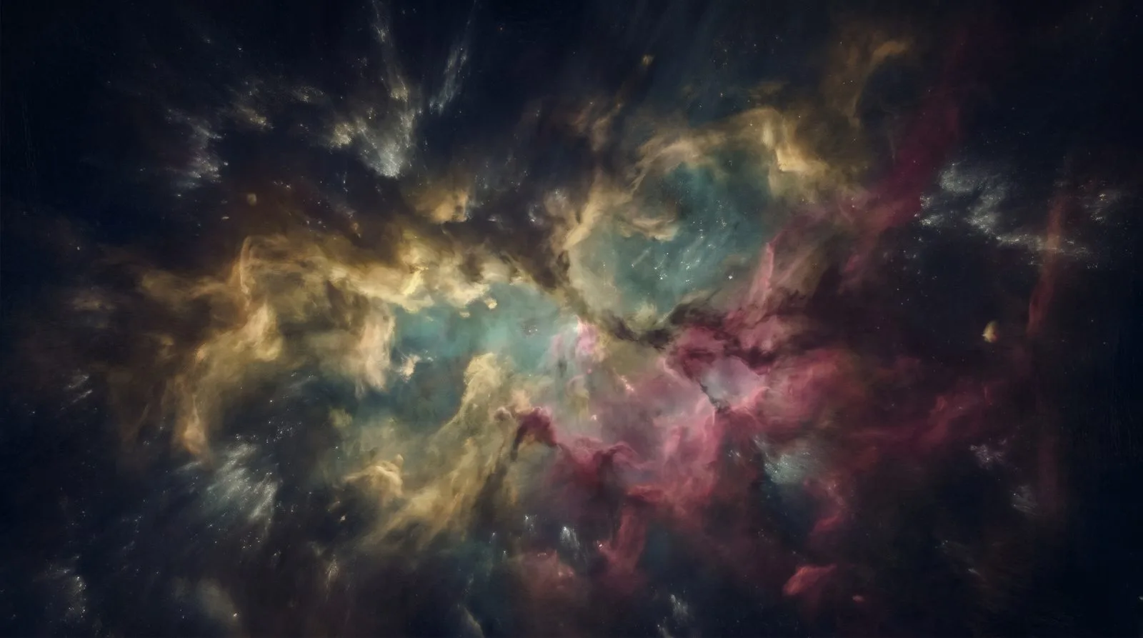 A painted nebula: clouds of ochre, teal and deep pink gas threaded with dark dust lanes and scattered stars.