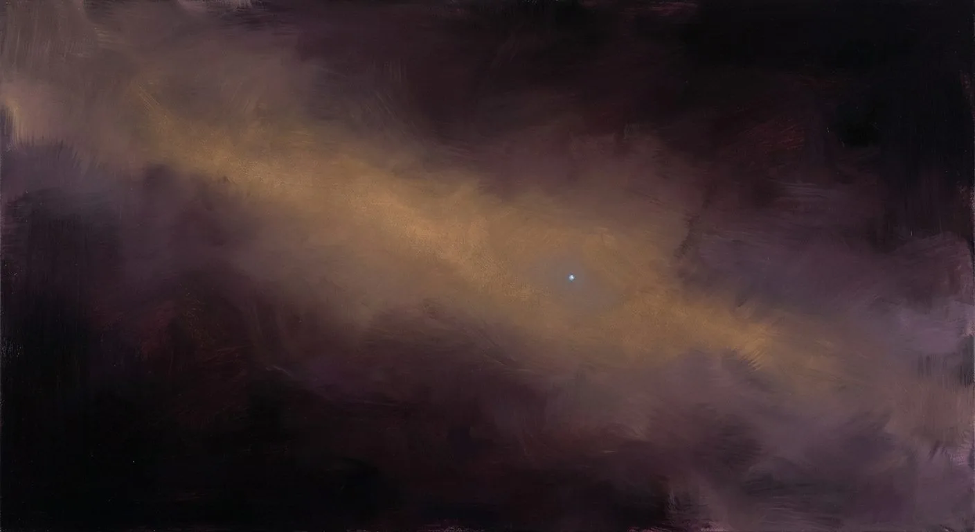 A dark painting in plum and near-black crossed by a band of dusty gold light, with one tiny pale blue point of light within it.