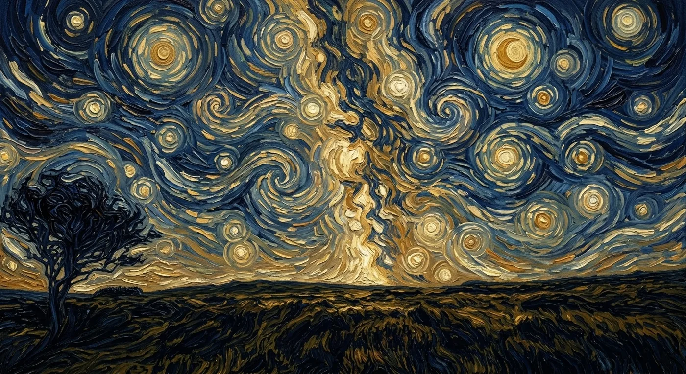 The same night sky repainted as a swirling post-impressionist starry night