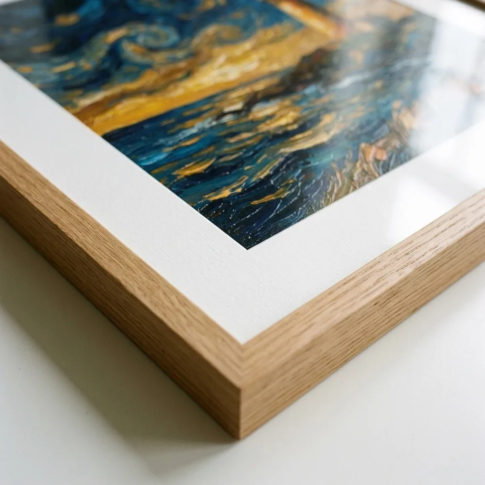 Mitred corner of a natural oak frame with white mount
