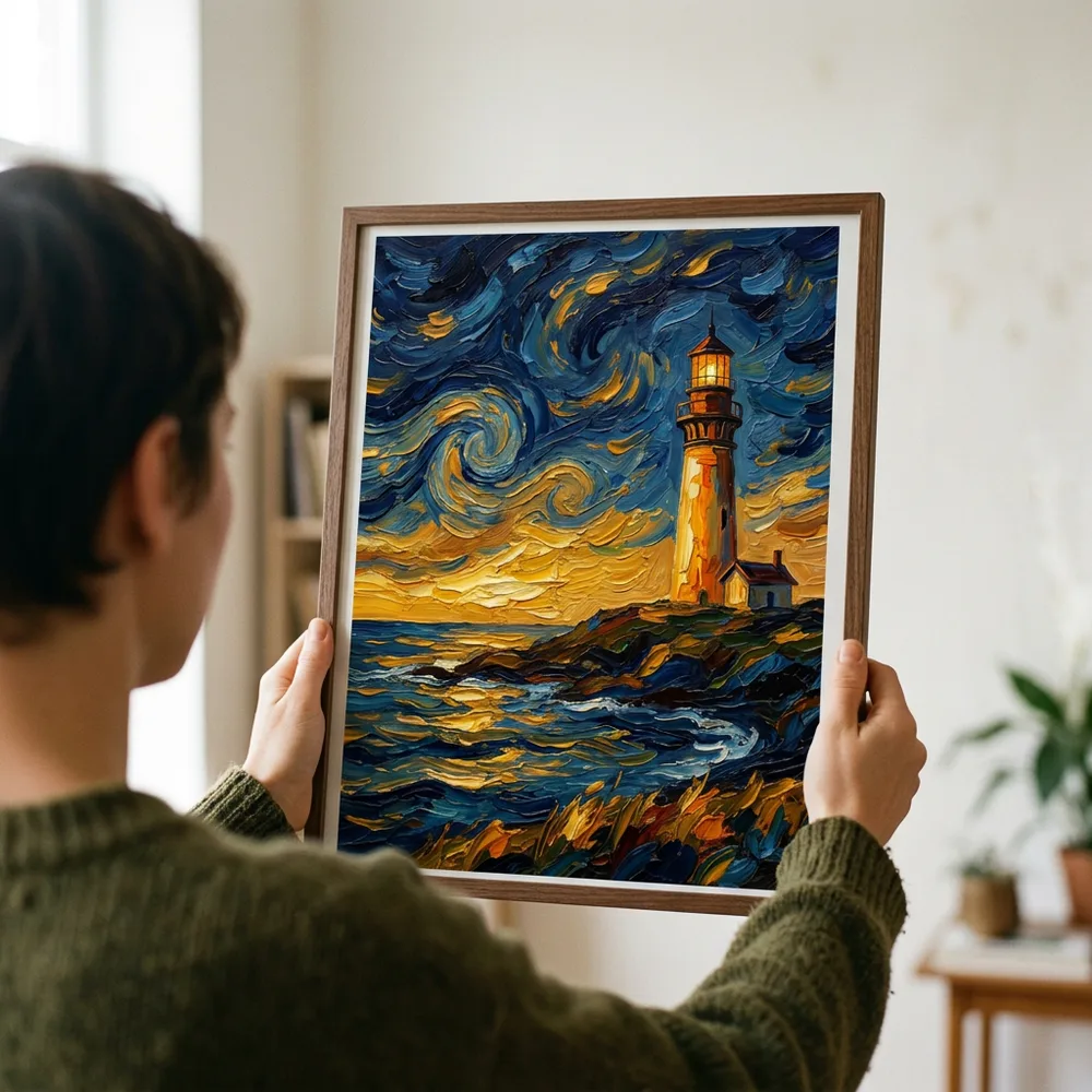 Hands holding a framed print