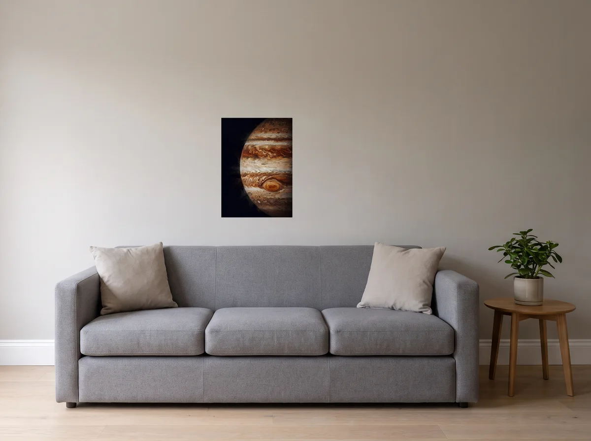 Jupiter as a 50x70 cm poster on a light grey wall above a grey sofa