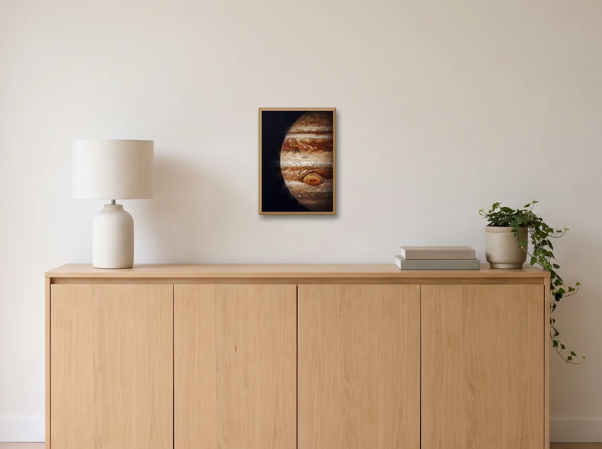 Jupiter as an A3 poster in a natural wood frame on an off-white wall above an oak sideboard with a lamp and plant