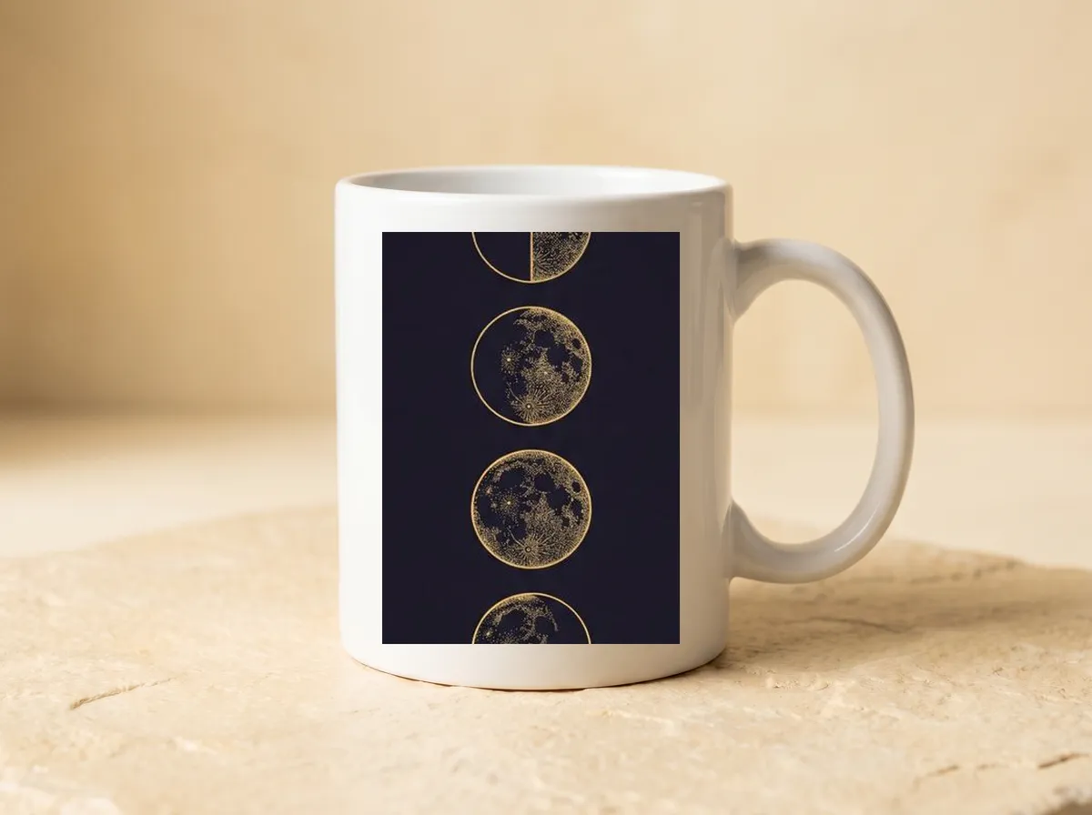 Lunar Phases: Eight phases of the Moon in fine gold line on deep ink - a quiet, exact calendar of the night.