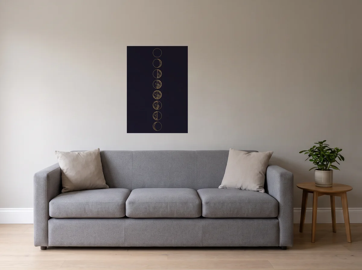 Lunar Phases as a 70x100 cm poster on a light grey wall above a grey sofa