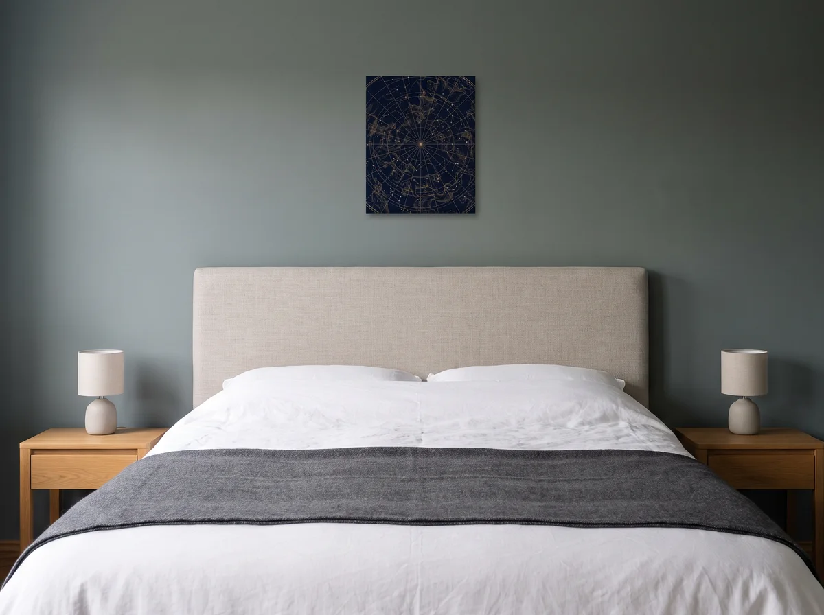 Northern Constellations as a 40x50 cm canvas on a sage-grey bedroom wall above an upholstered headboard