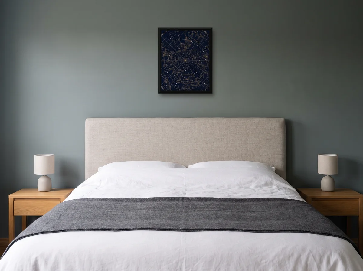Northern Constellations as a 40x50 cm canvas in a black float frame on a sage-grey bedroom wall above an upholstered headboard