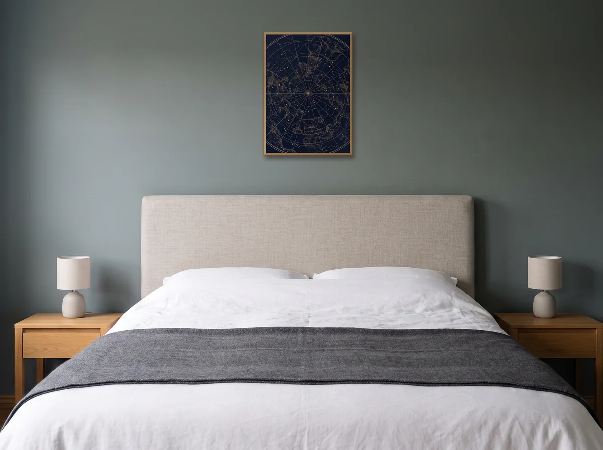 Northern Constellations as an A2 print in a natural wood frame on a sage-grey bedroom wall above a headboard.