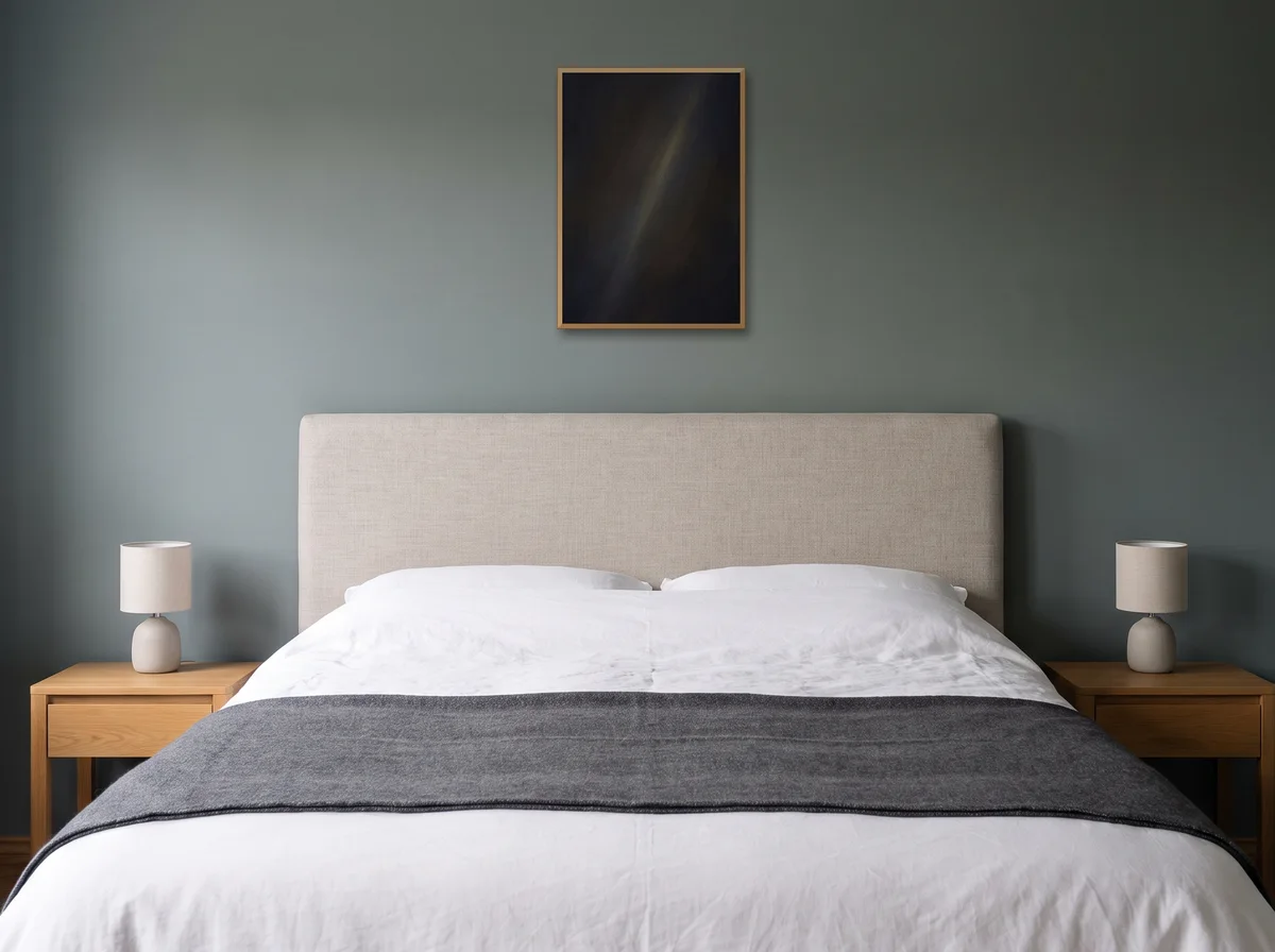 Pale Blue Dot as an A2 print in a natural wood frame on a sage-grey bedroom wall above a headboard.