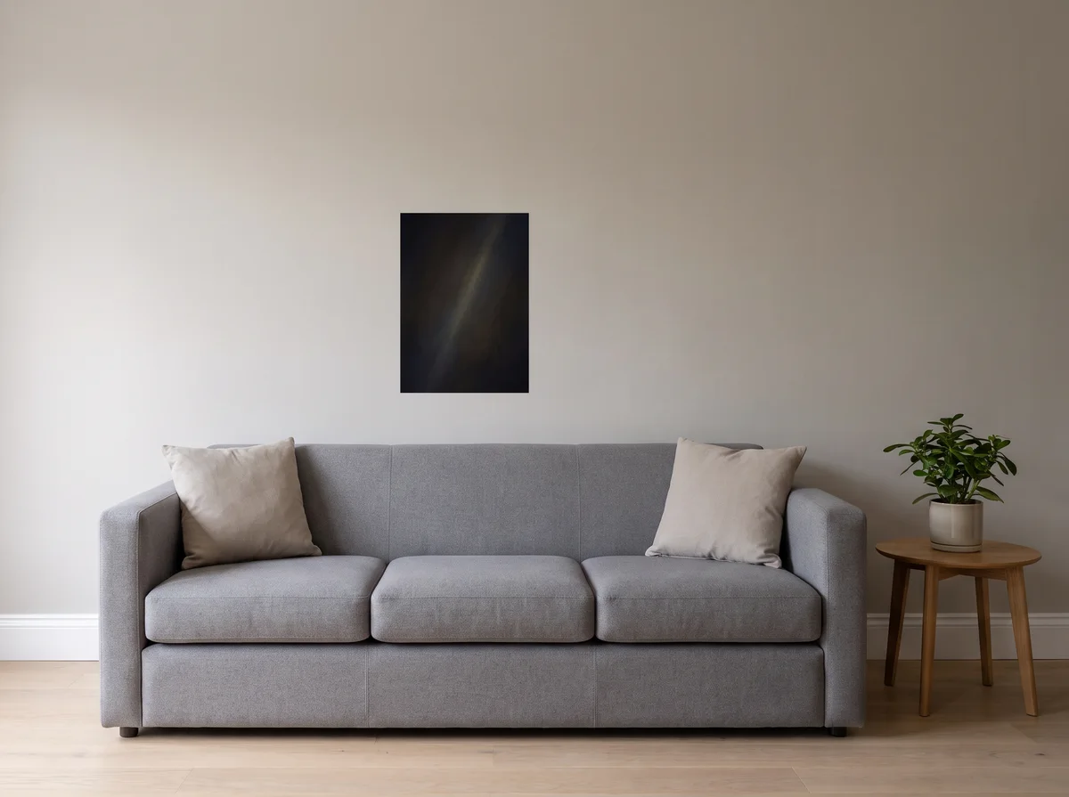 Pale Blue Dot as a 50x70 cm poster on a light grey wall above a grey sofa