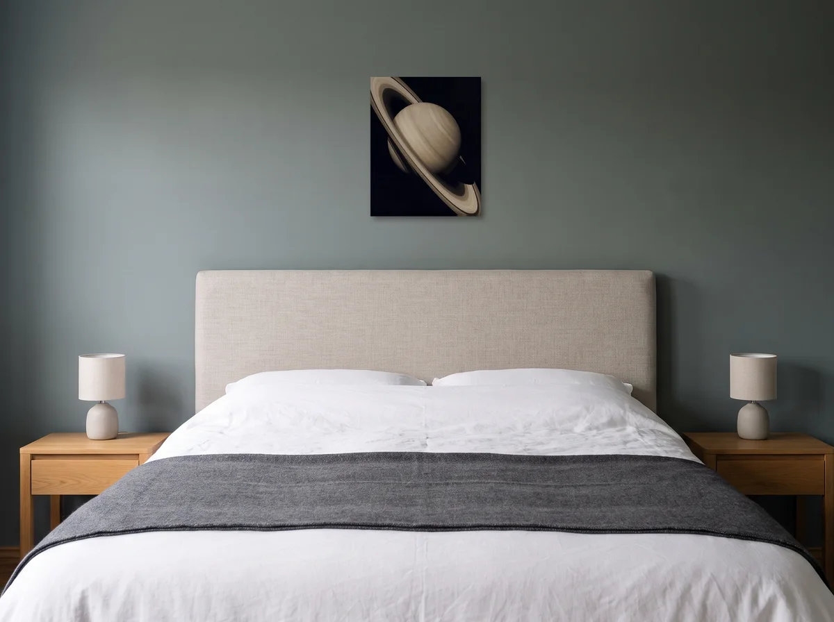Saturn as a 40 x 50 cm canvas on a sage-grey bedroom wall above a bed.