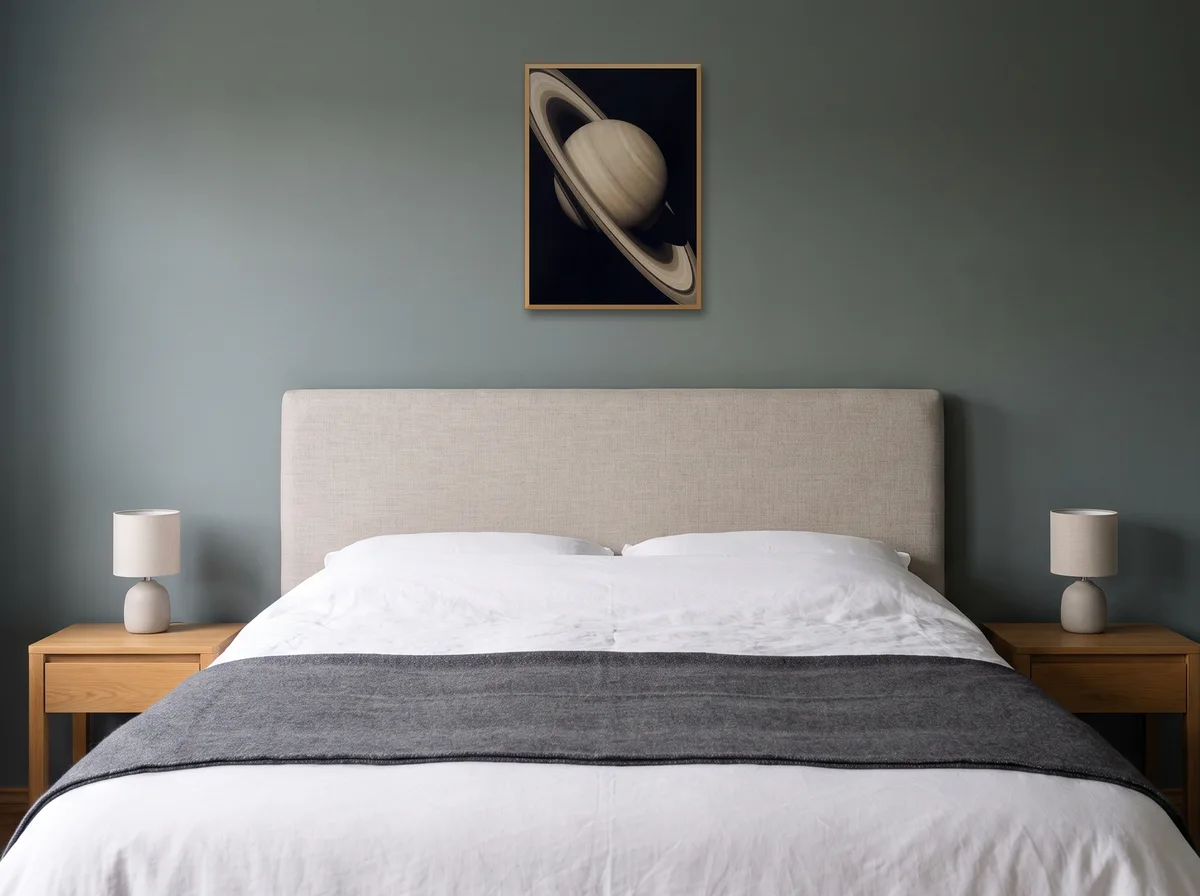 Saturn as an A2 poster in a natural wood frame on a sage-grey bedroom wall above an upholstered headboard
