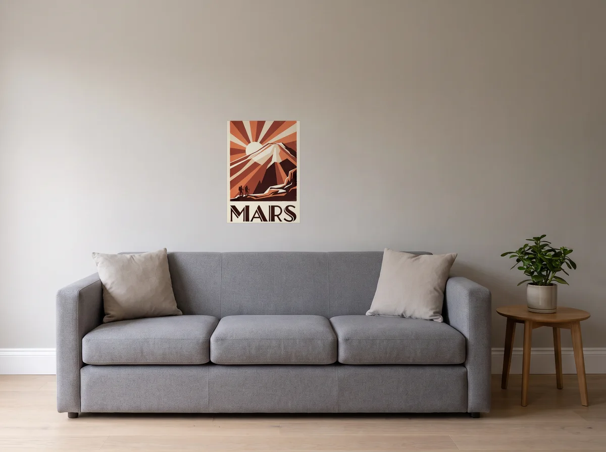 Visit Mars as a 50x70 cm poster on a light grey wall above a grey sofa