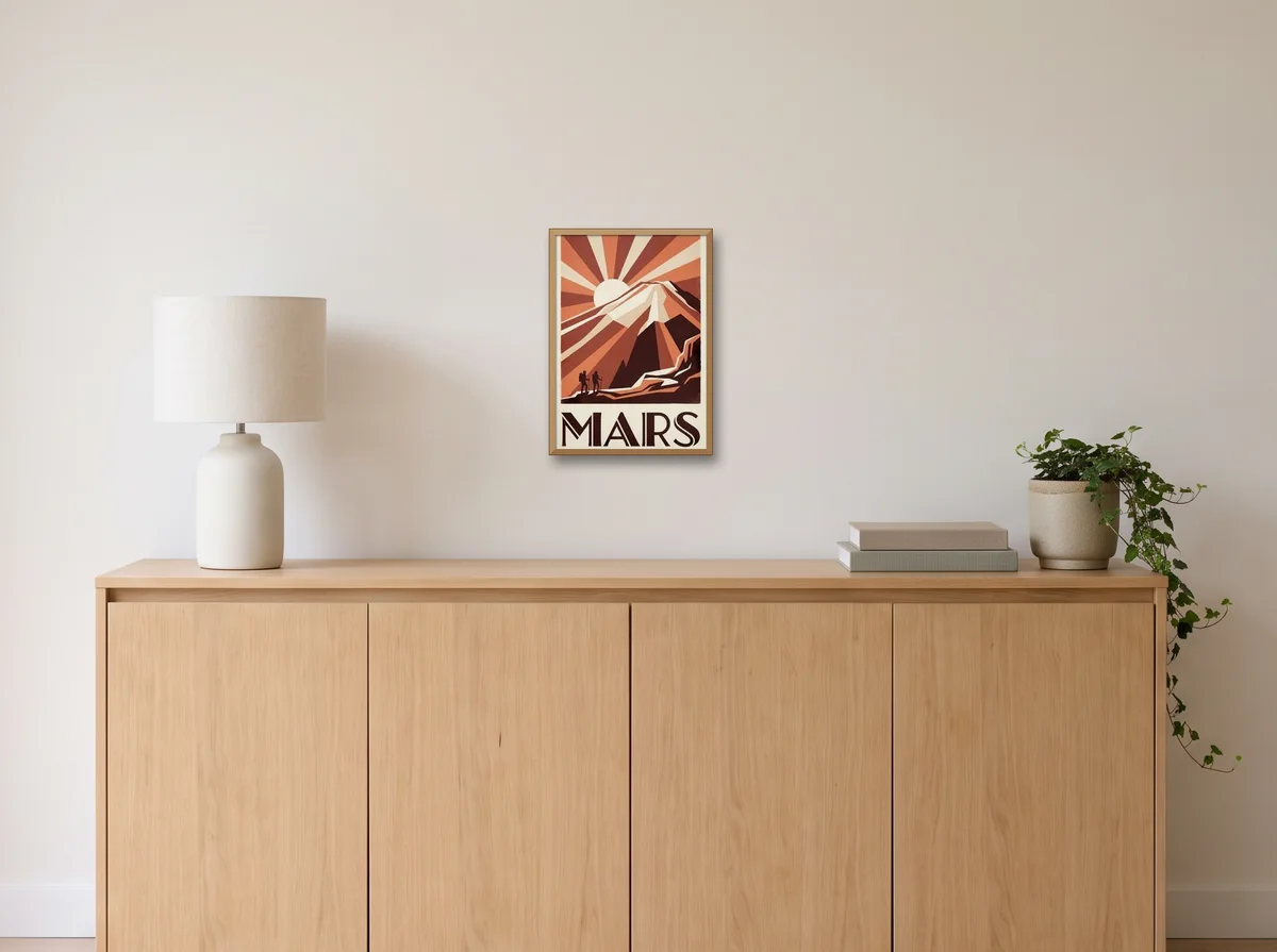 Visit Mars as an A3 poster in a natural wood frame on an off-white wall above an oak sideboard with a lamp and plant