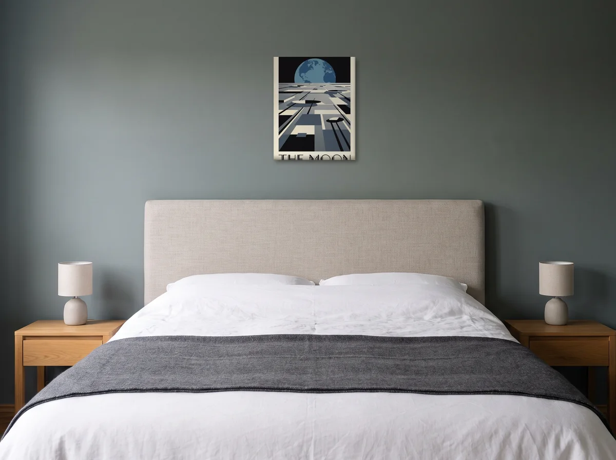 Visit the Moon as a 40x50 cm canvas on a sage-grey bedroom wall above an upholstered headboard