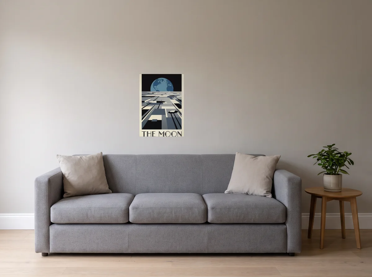 Visit the Moon as a 50x70 cm poster on a light grey wall above a grey sofa