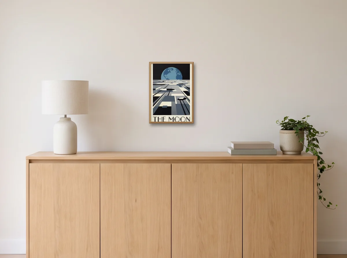 Visit the Moon as an A3 poster in a natural wood frame on an off-white wall above an oak sideboard with a lamp and plant