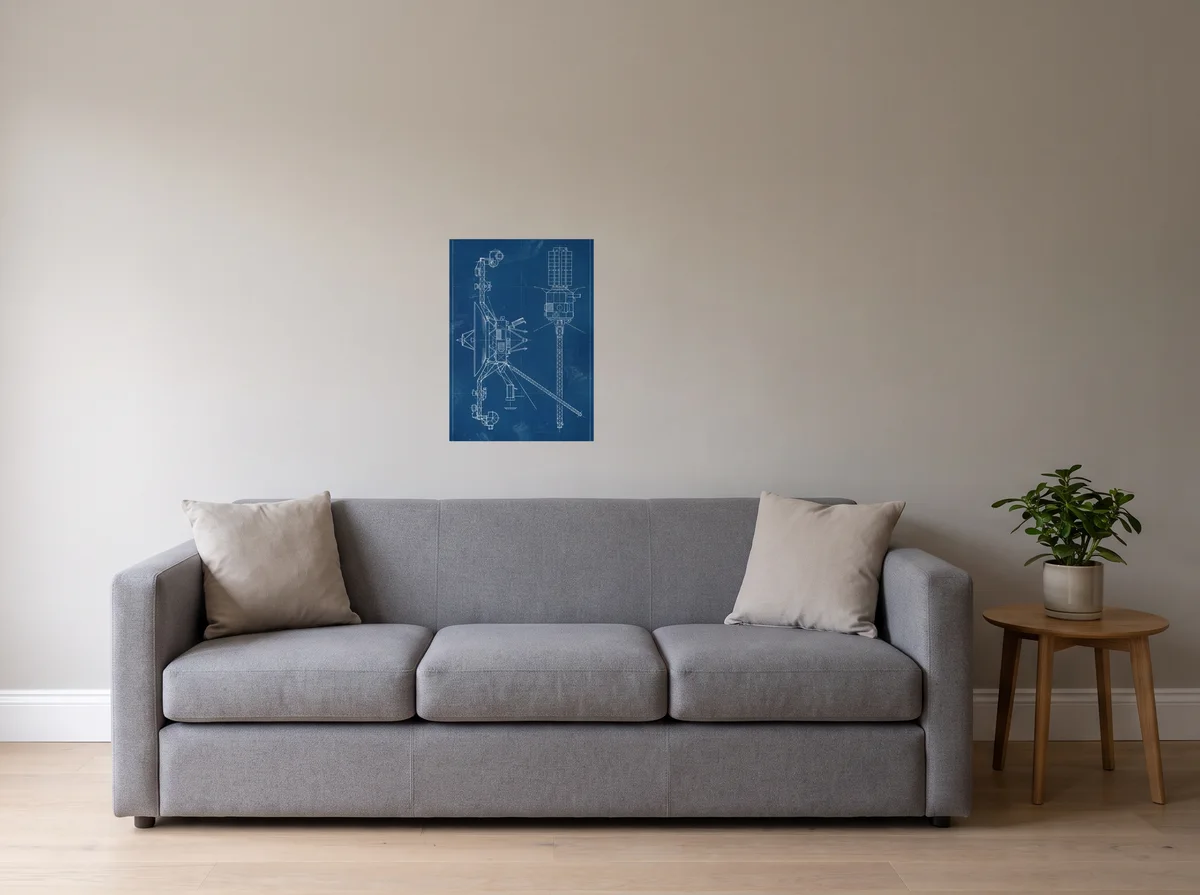 Voyager Blueprint as a 50x70 cm poster on a light grey wall above a grey sofa