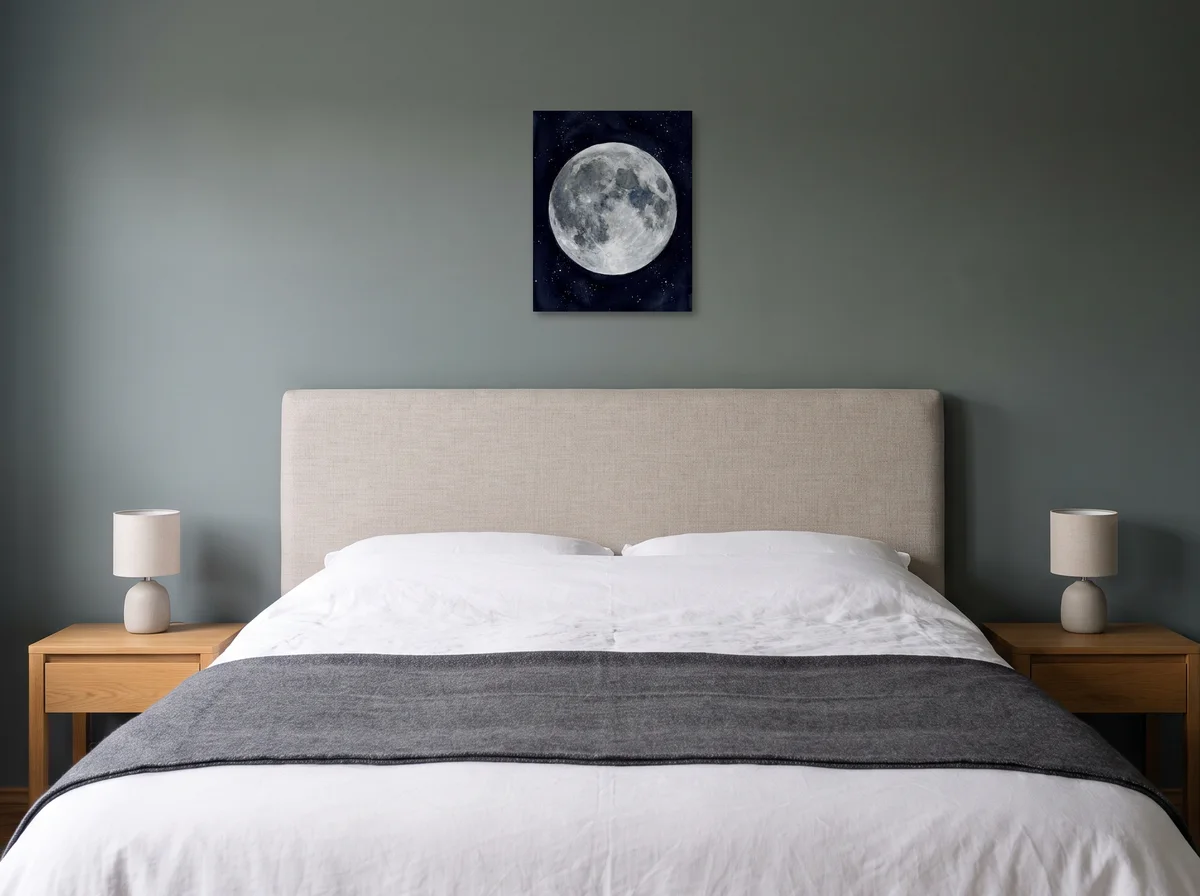 Watercolour Moon as a 40 x 50 cm canvas on a sage-grey bedroom wall above a headboard.