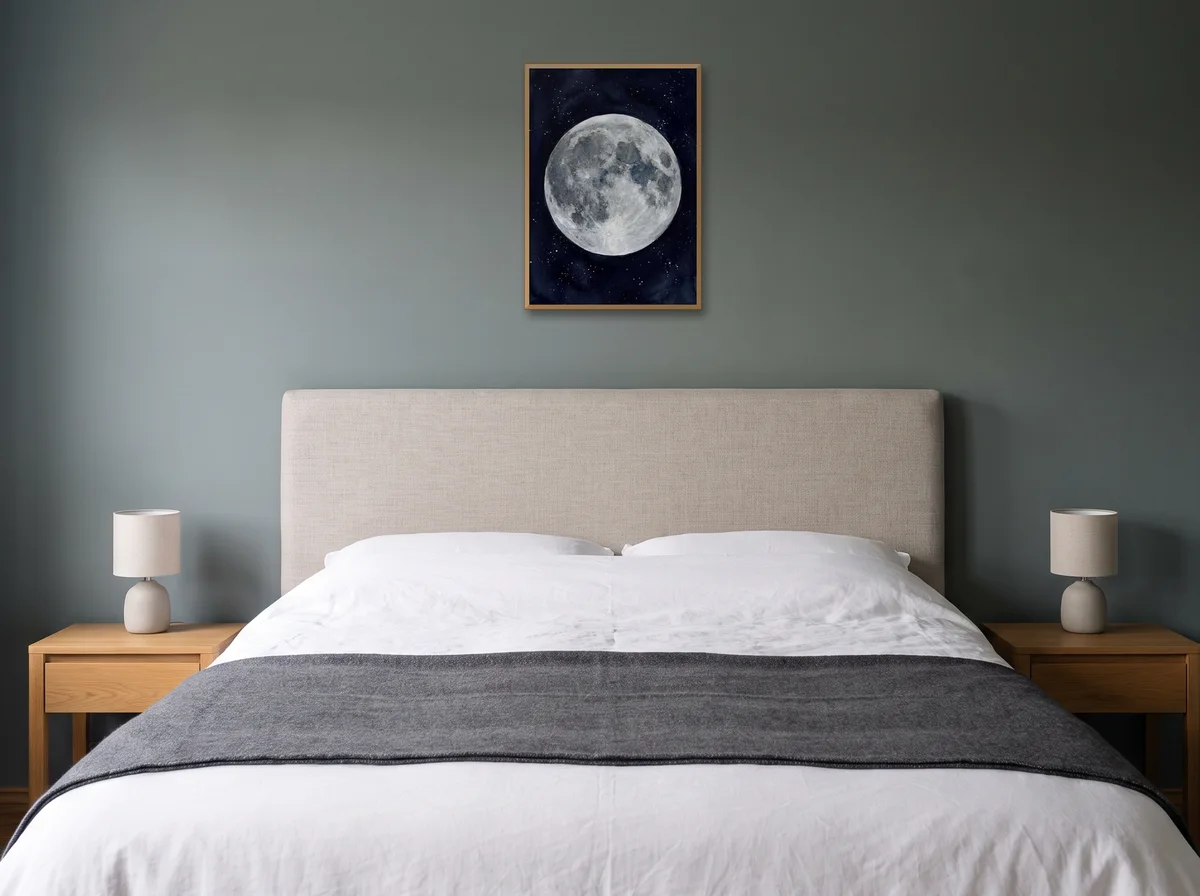 Watercolour Moon as an A2 poster in a natural wood frame on a sage-grey bedroom wall above an upholstered headboard