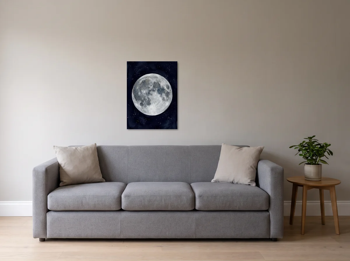 Watercolour Moon as a 60x80 cm canvas on a light grey wall above a grey sofa