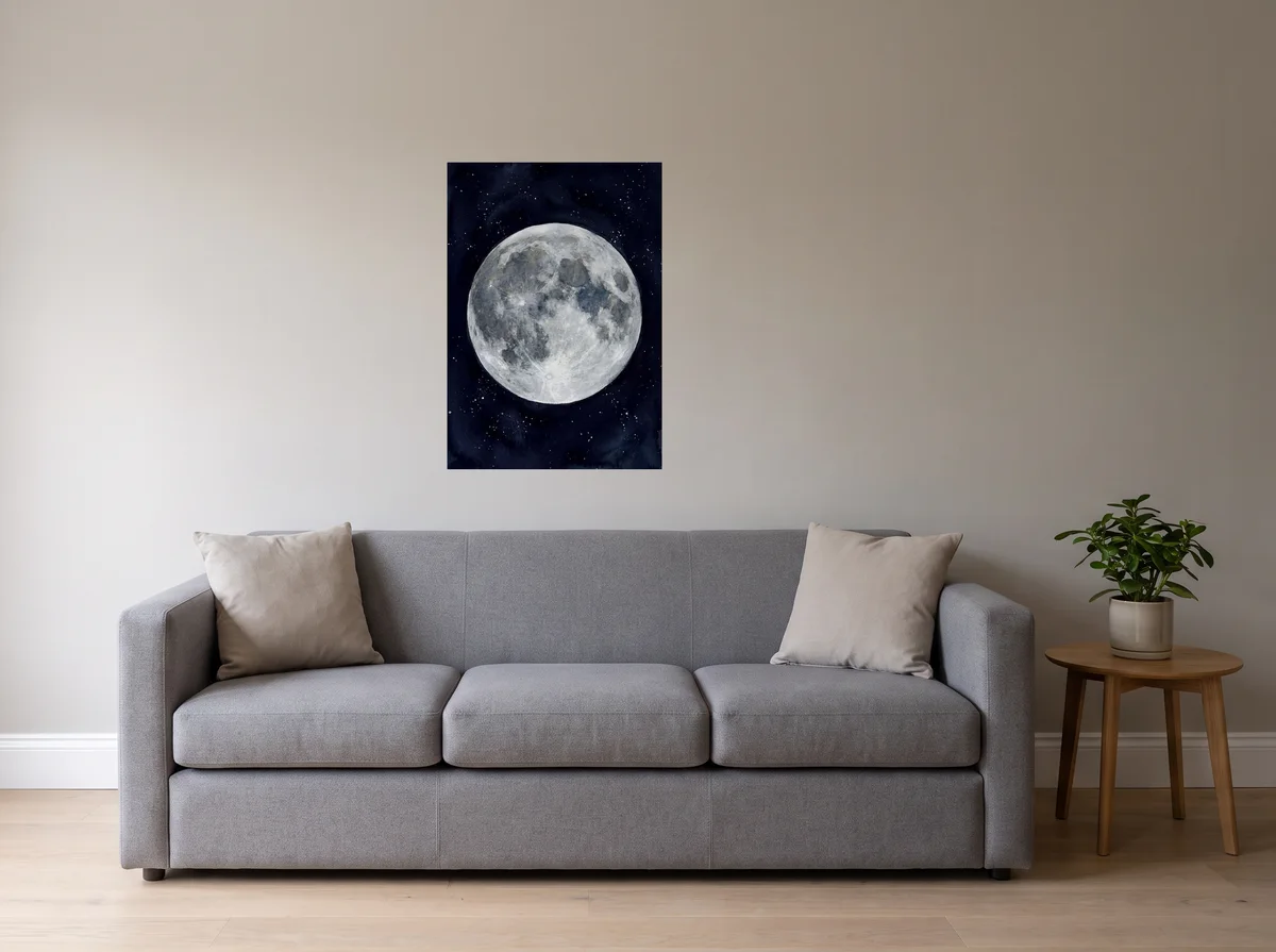Watercolour Moon as a 70x100 cm poster on a light grey wall above a grey sofa