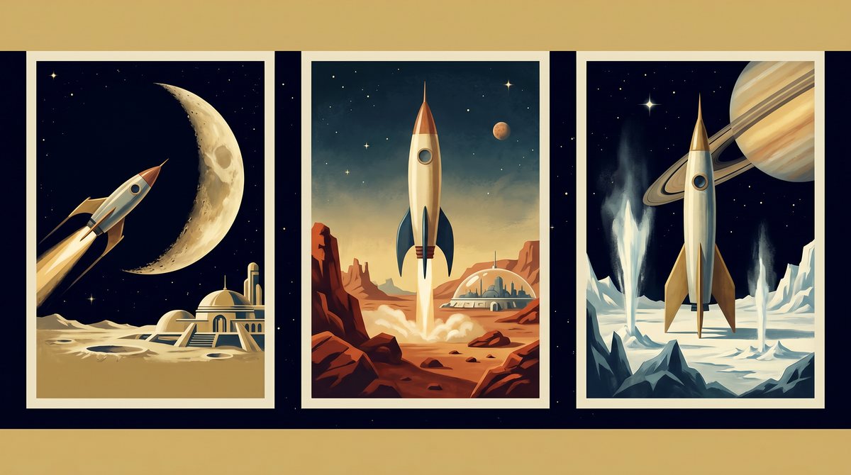 Three retro space posters side by side: a rocket climbing past a crescent Moon, a rocket lifting off from red Martian rock beside a domed city, and a rocket standing on ice near Saturn.