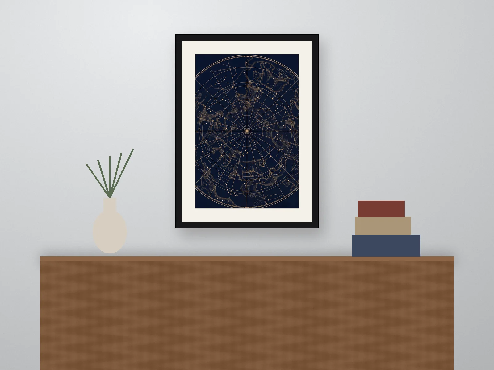 Room mockup: the Northern Constellations print in a black frame above a wooden sideboard.