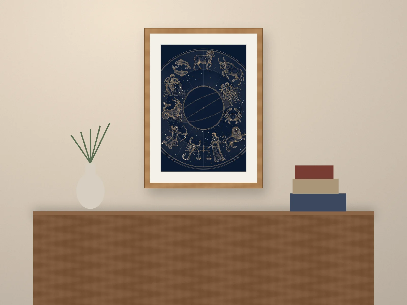 Room mockup: the Zodiac Constellations print in an oak frame above a wooden sideboard.