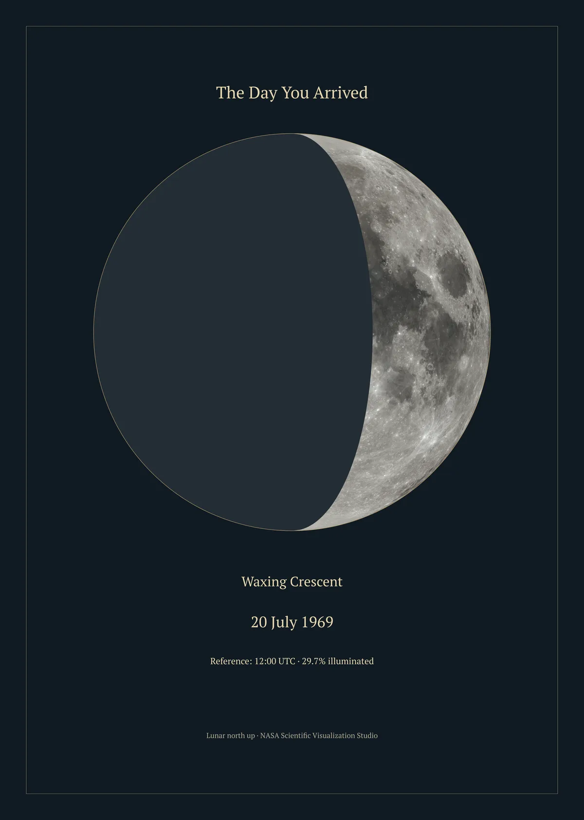 The Moon phase print computed for 20 July 1969 at 12:00 UTC: a right-lit waxing crescent on a dark ground.